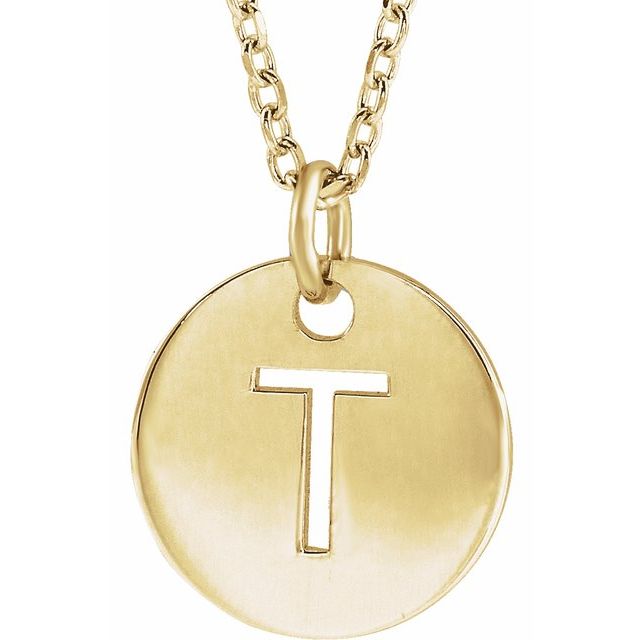 18K Yellow Gold-Plated Sterling Silver Initial T 10 mm Disc 16-18