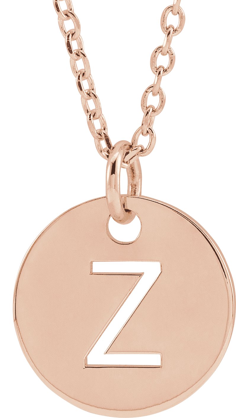 18K Rose Gold Plated Sterling Silver Initial Z 10 mm Disc 16 to 18 inch Necklace Ref 17697396