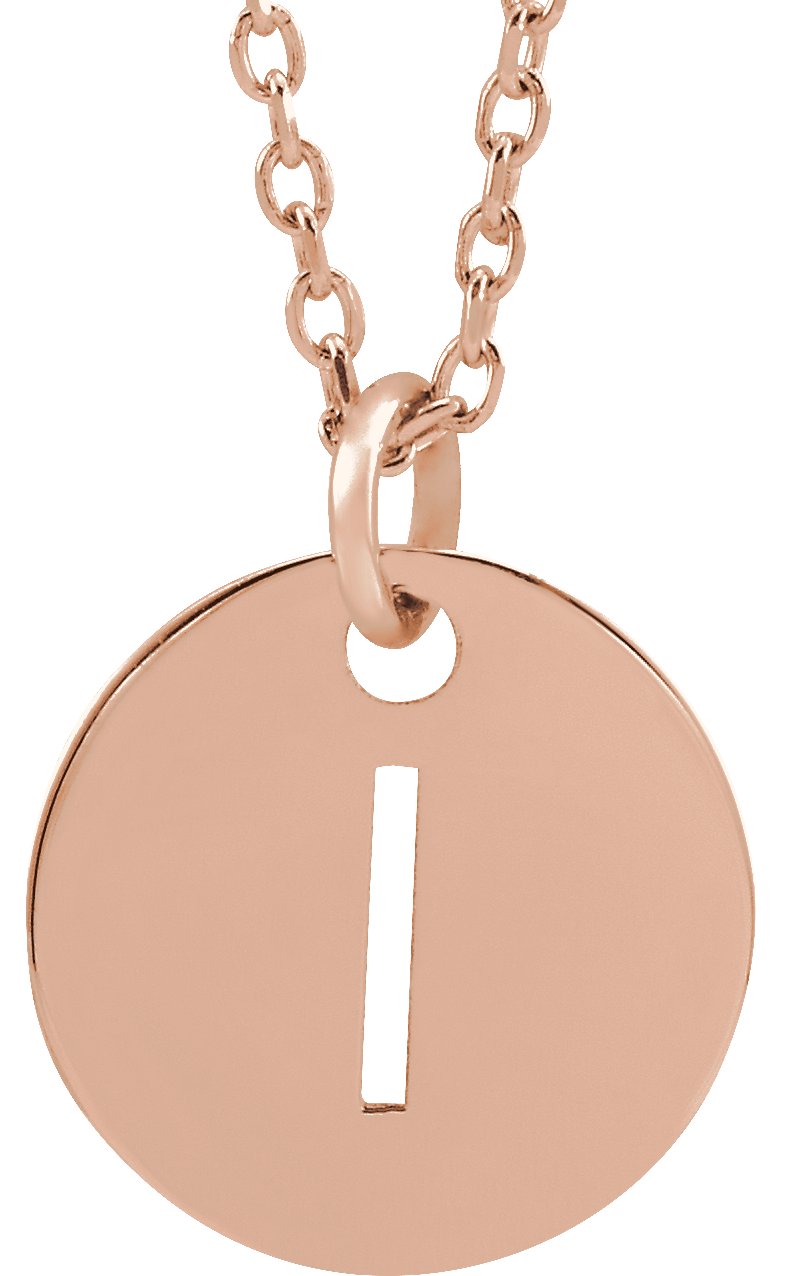 18K Rose Gold Plated Sterling Silver Initial I 10 mm Disc 16 to 18 inch Necklace Ref 17697379