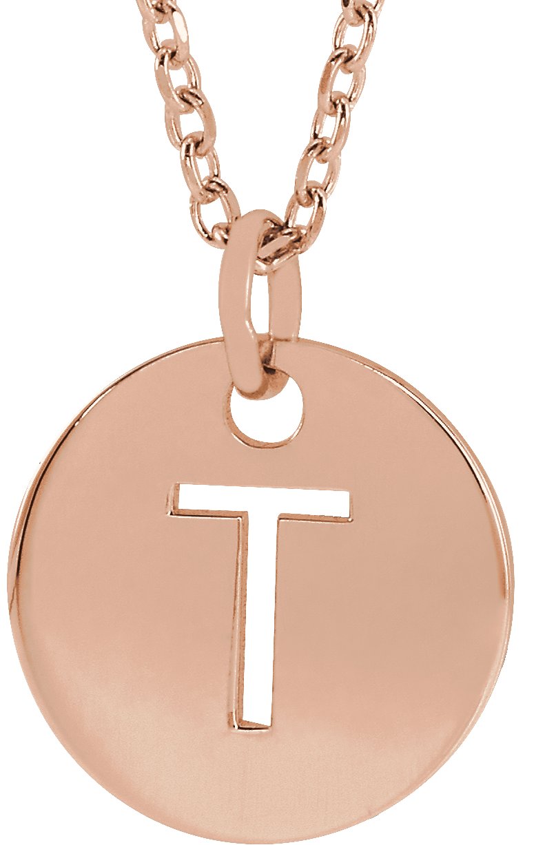 18K Rose Gold Plated Sterling Silver Initial T 10 mm Disc 16 to 18 inch Necklace Ref 17697390