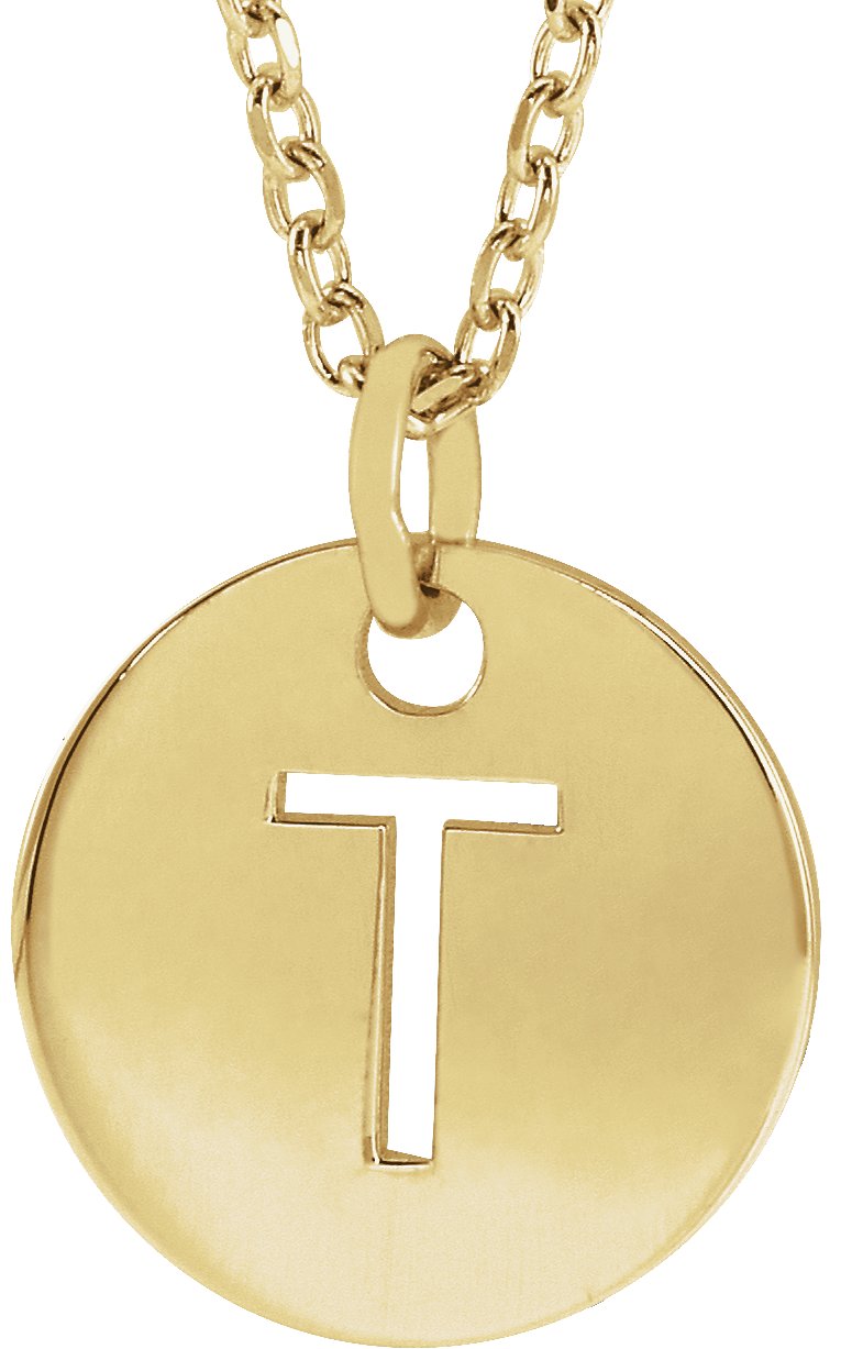 18K Yellow Gold Plated Sterling Silver Initial T 10 mm Disc 16 to 18 inch Necklace Ref 17697364