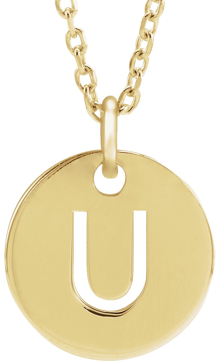 18K Yellow Gold Plated Sterling Silver Initial U 10 mm Disc 16 to 18 inch Necklace Ref 17697365