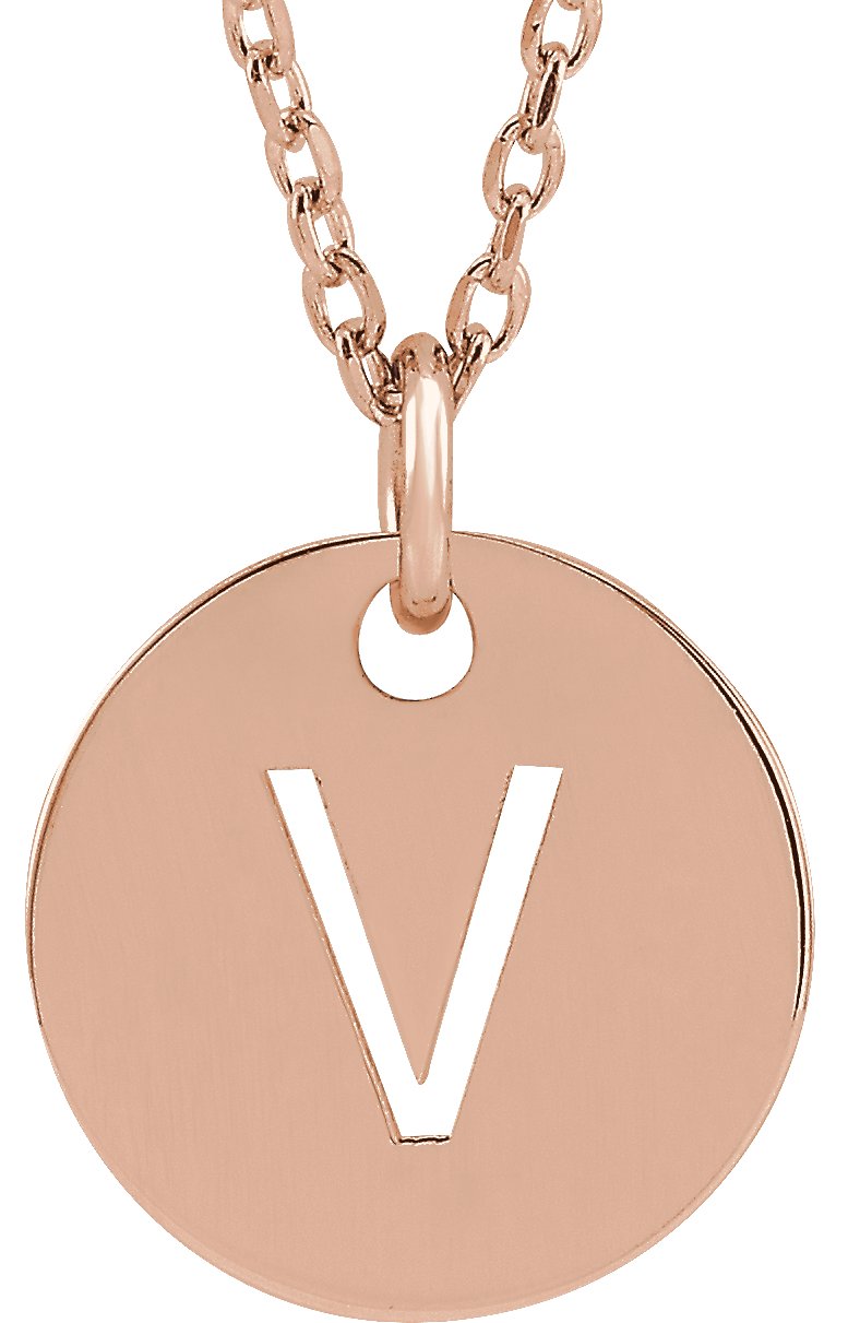 18K Rose Gold Plated Sterling Silver Initial V 10 mm Disc 16 to 18 inch Necklace Ref 17697392