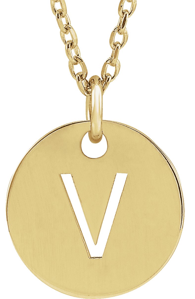 18K Yellow Gold Plated Sterling Silver Initial V 10 mm Disc 16 to 18 inch Necklace Ref 17697366