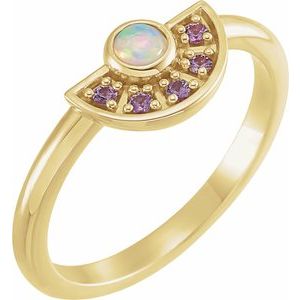 14K Yellow Natural White Ethiopian Opal & Natural Pink Sapphire Fan Ring