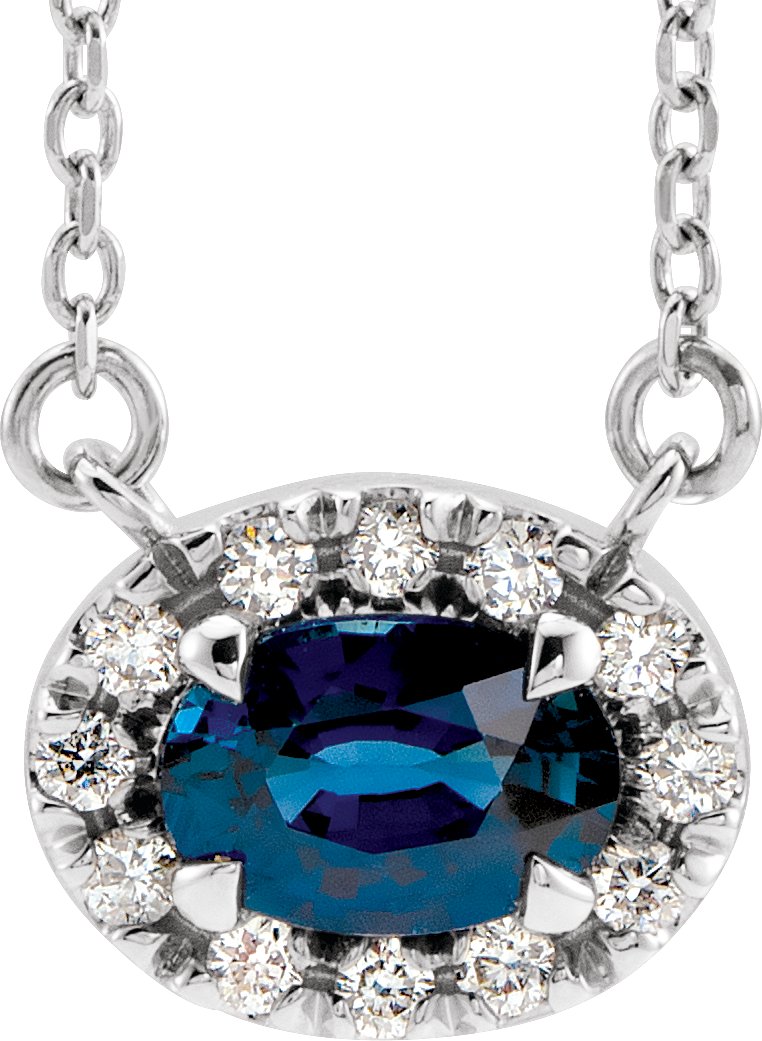 14K White 6x4 mm Oval Blue Sapphire & 1/10 CTW Diamond 18" Necklace