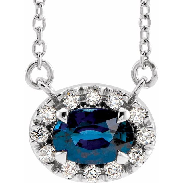 Platinum 6x4 mm Natural Blue Sapphire & 1/10 CTW Natural Diamond 18" Necklace