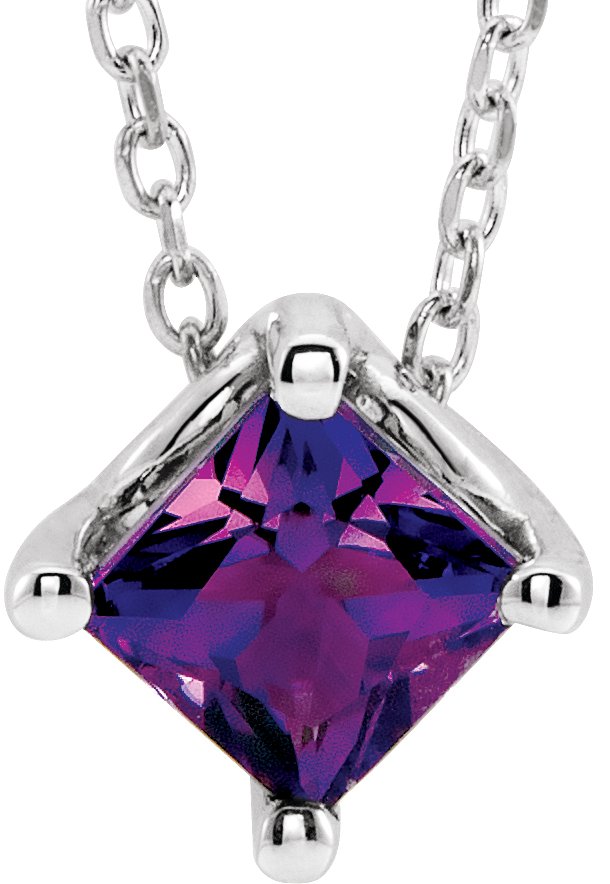 Sterling Silver 5x5 mm Square Natural Amethyst Solitaire 16-18" Necklace