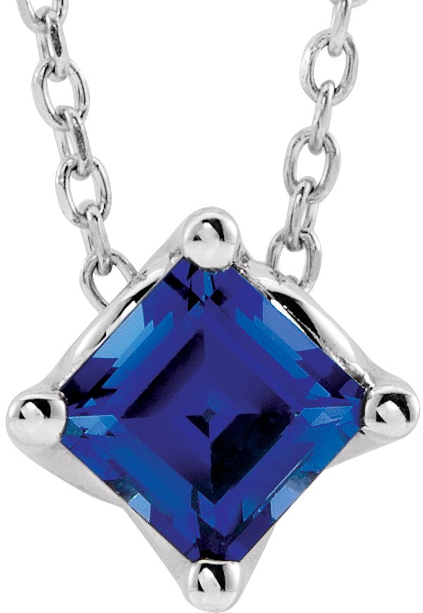 14K White 4.5x4.5 mm Square Lab-Grown Blue Sapphire Solitaire 16-18" Necklace