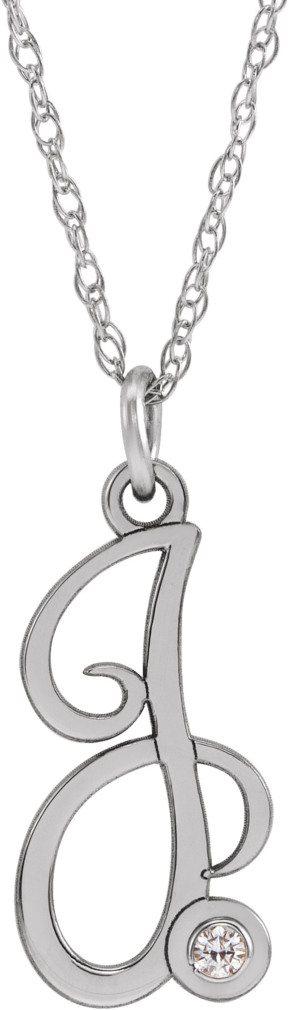 14K White .02 CT Diamond Script Initial J 16-18" Necklace