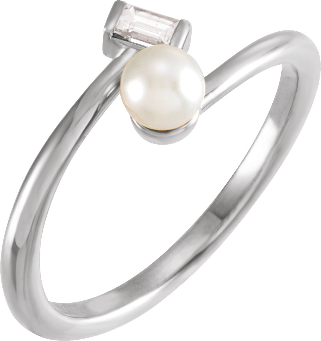 14K White Cultured Akoya Pearl & 1/10 CT Natural Diamond Ring