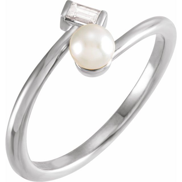 14K White Cultured White Akoya Pearl & 1/10 CT Natural Diamond Ring