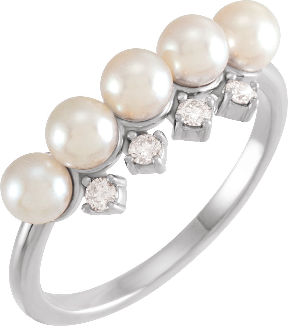 14K White Cultured White Akoya Pearl & 1/8 CTW Natural Diamond Stackable Ring
