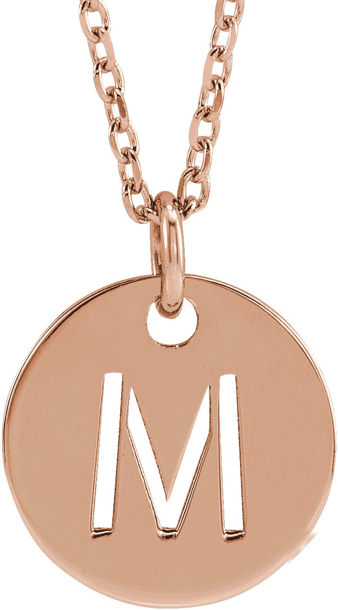 18K Rose Gold Plated Sterling Silver Initial M 10 mm Disc 16 to 18 inch Necklace Ref 17697383