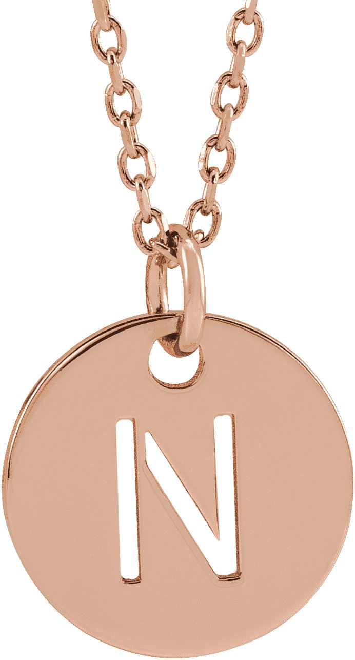 18K Rose Gold Plated Sterling Silver Initial N 10 mm Disc 16 to 18 inch Necklace Ref 17697384