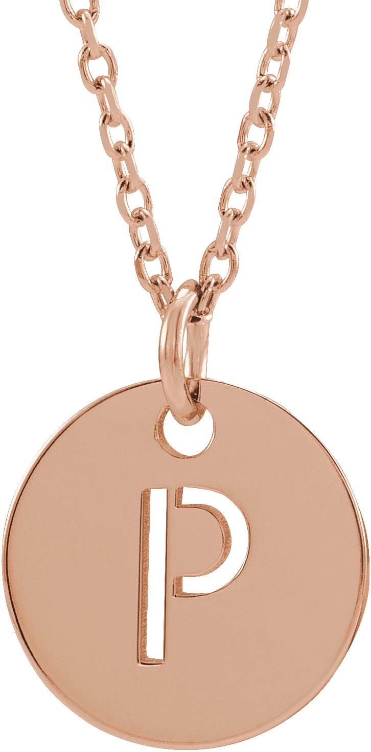 18K Rose Gold Plated Sterling Silver Initial P 10 mm Disc 16 to 18 inch Necklace Ref 17697386