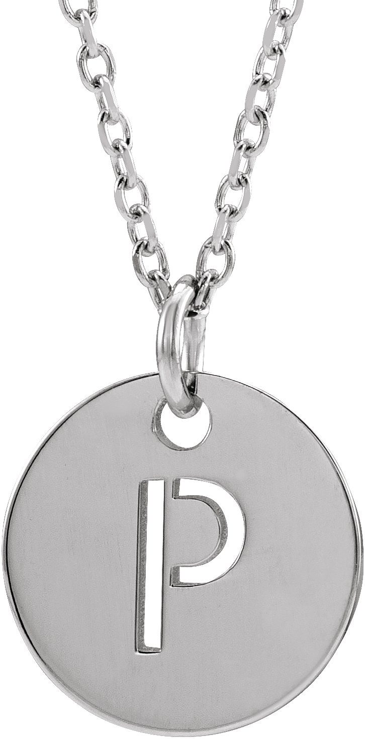 14K White Initial P 10 mm Disc 16-18" Necklace