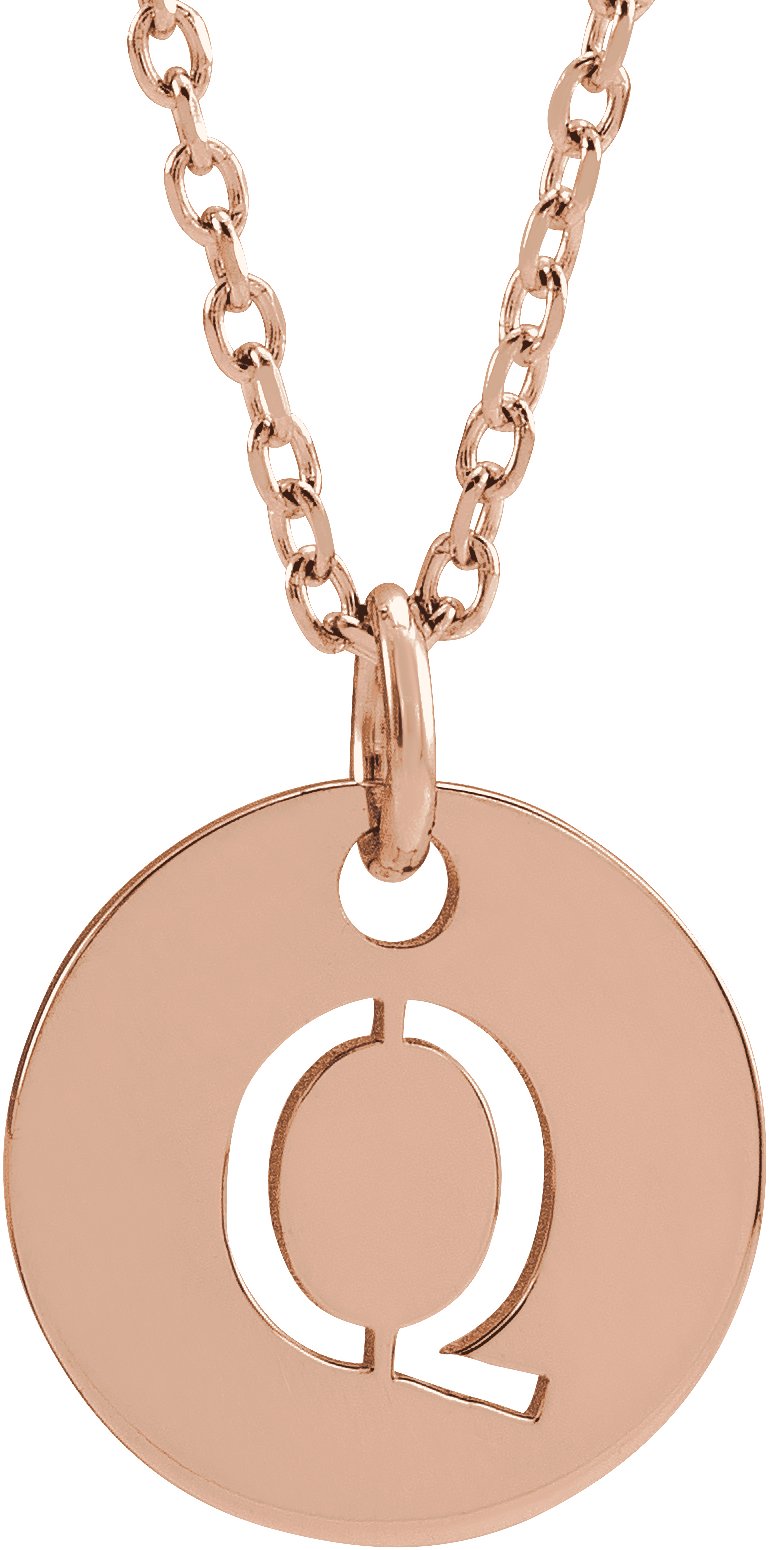 18K Rose Gold Plated Sterling Silver Initial Q 10 mm Disc 16 to 18 inch Necklace Ref 17697387