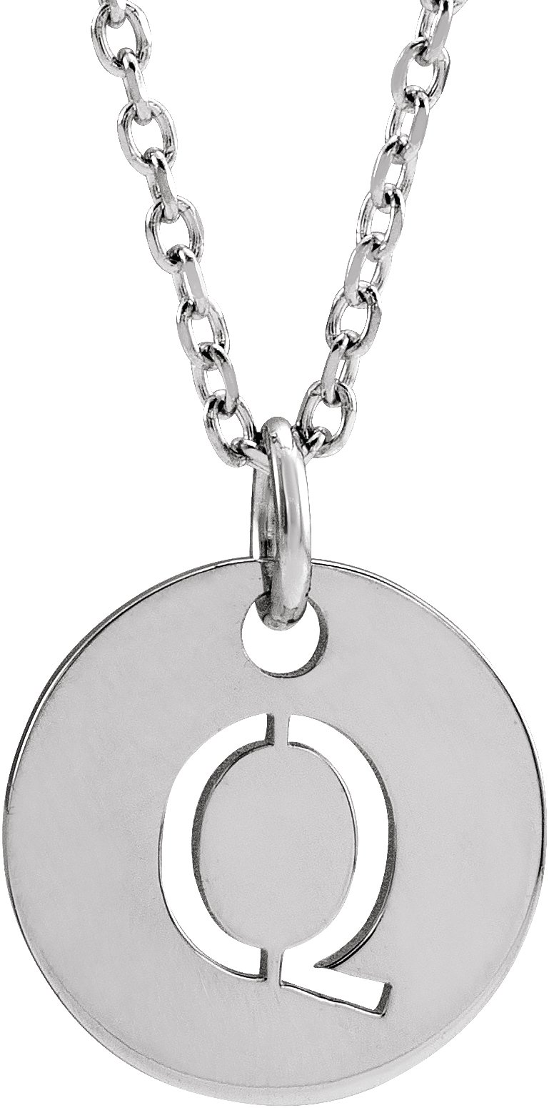 14K White Initial Q 10 mm Disc 16-18" Necklace