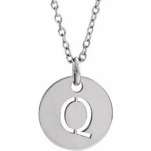 14K White Initial Q 10 mm Disc 16-18" Necklace