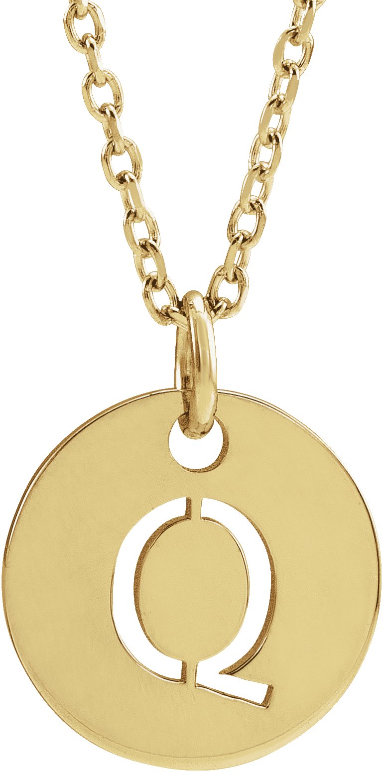 18K Yellow Gold Plated Sterling Silver Initial Q 10 mm Disc 16 to 18 inch Necklace Ref 17697361