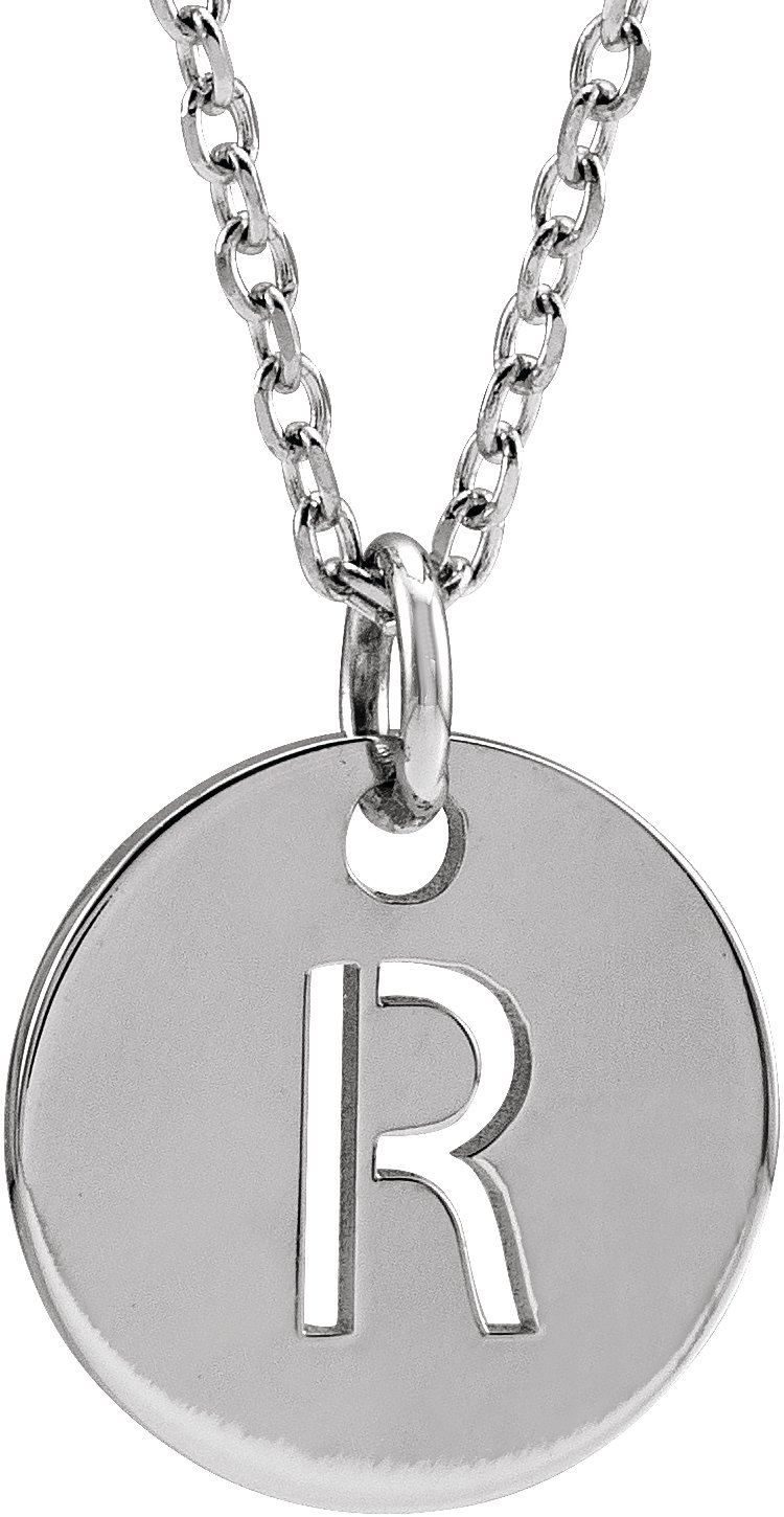 14K White Initial R 10 mm Disc 16-18" Necklace
