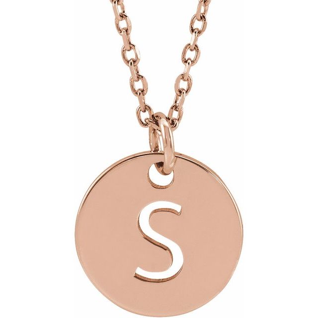 14K Rose Initial S 10 mm Disc 16-18" Necklace