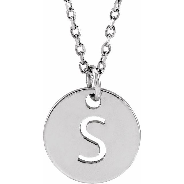 14K White Initial S 10 mm Disc 16-18" Necklace
