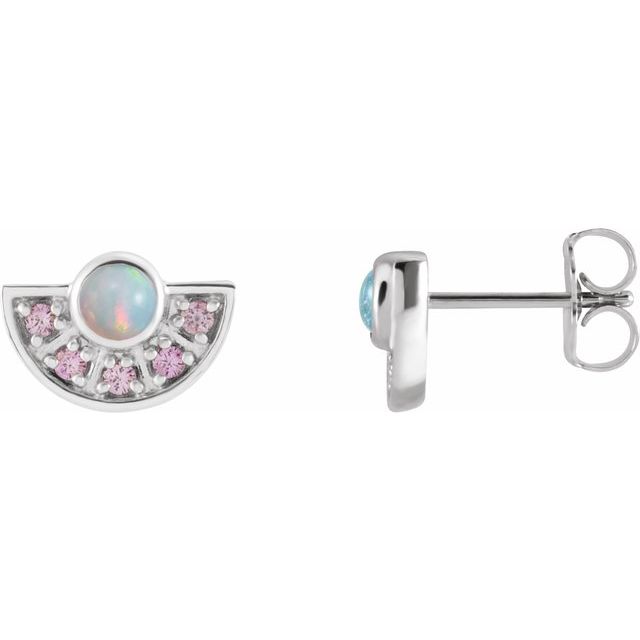 Sterling Silver Natural White Ethiopian Opal & Natural Pink Sapphire Fan Earrings