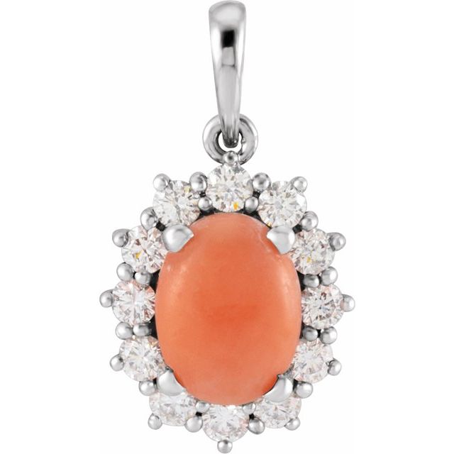 Sterling Silver Natural Pink Coral & 1/3 CTW Natural Diamond Halo-Style Pendant