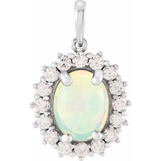 14K White Natural Ethiopian Opal & 1/2 CTW Natural Diamond Halo-Style Pendant