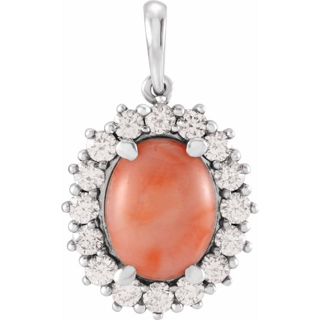 14K White Natural Pink Coral & 1/2 CTW Natural Diamond Halo-Style Pendant