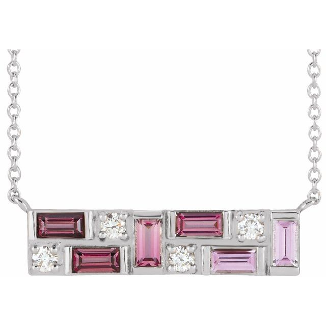 14K White Natural Pink Multi-Gemstone & 1/8 CTW Natural Diamond Bar 16