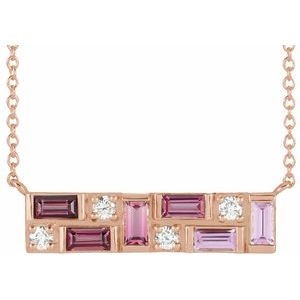 14K Rose Pink Multi-Gemstone & 1/8 CTW Diamond Bar 16" Necklace