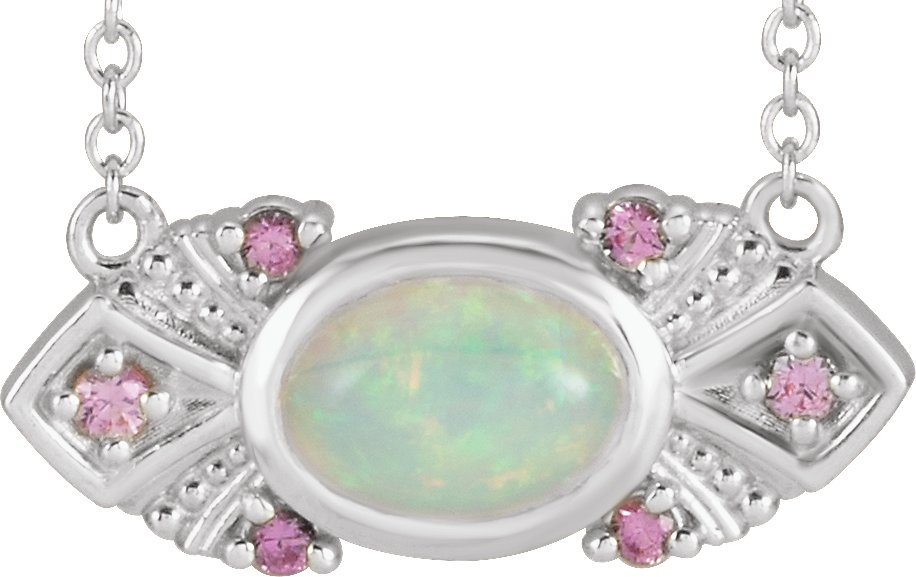 14K White Natural Ethiopian Opal & Natural Pink Sapphire Vintage-Inspired 18" Necklace
