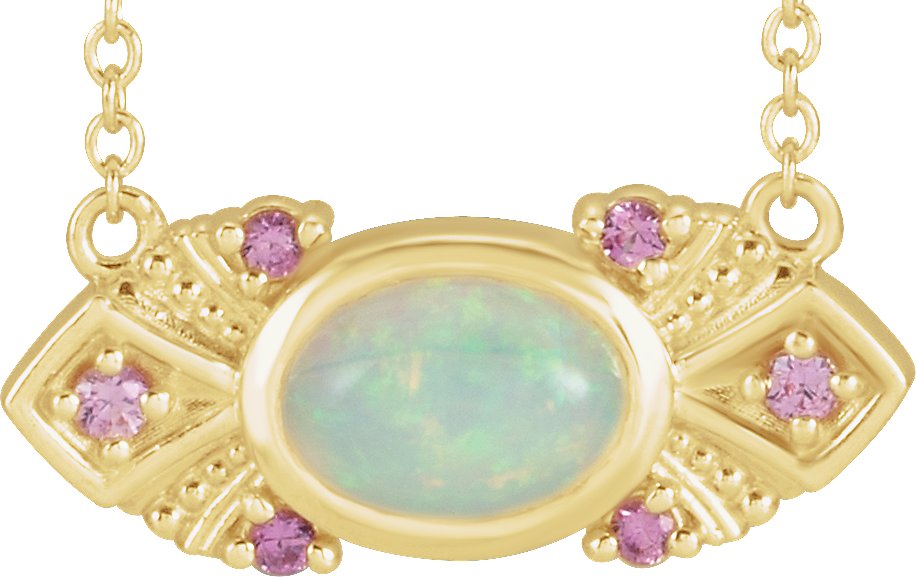 14K Yellow Natural Ethiopian Opal & Natural Pink Sapphire Vintage-Inspired 18 Necklace
