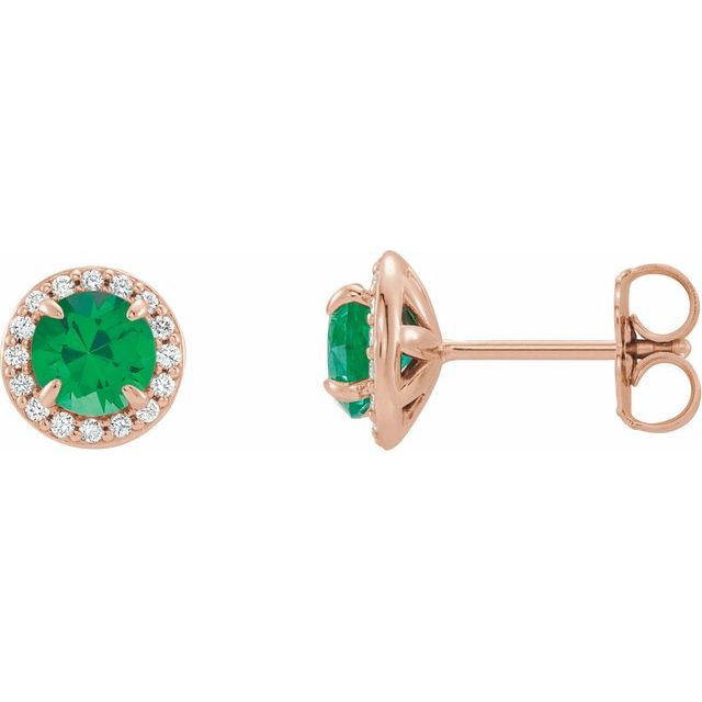 14K Rose 5 mm Lab-Grown Emerald & 1/8 CTW Natural Diamond Earrings