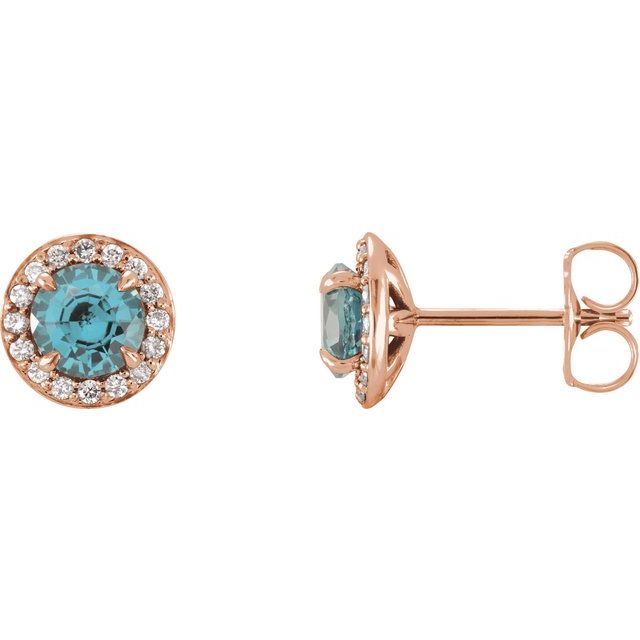 14K Rose 5 mm Natural Blue Zircon & 1/8 CTW Natural Diamond Earrings