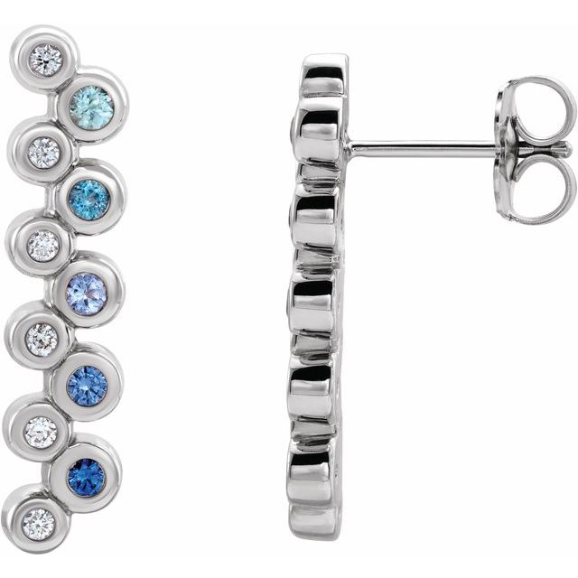 14K White  Natural Blue Multi-Gemstone & 1/10 CTW  Natural Diamond Bezel-Set Bar Earrings