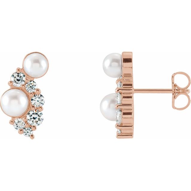 14K Rose Cultured White Akoya Pearls & 1/2 CTW Natural Diamond Earrings