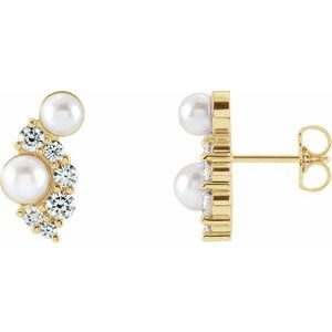 14K Yellow Cultured White Akoya Pearls & 1/2 CTW Natural Diamond Earrings