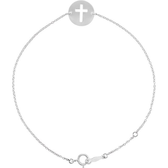 14K White Pierced Cross Disc 7-8" Bracelet 