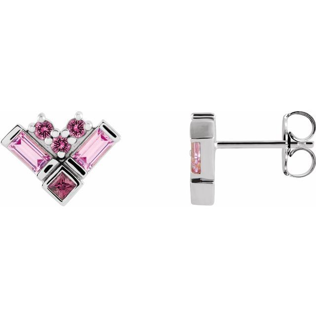 14K White Natural Pink Multi-Gemstone Cluster Earrings