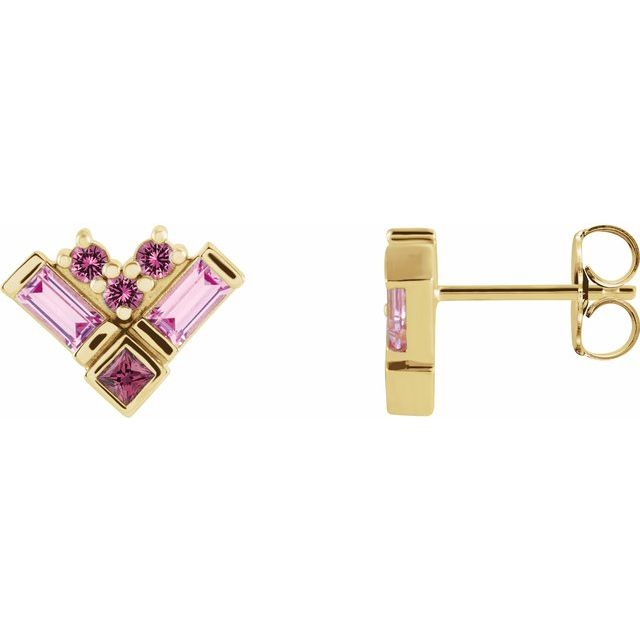 14K Yellow Natural Pink Multi-Gemstone Cluster Earrings