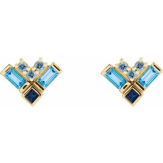 14K Yellow Natural Blue Multi-Gemstone Cluster Earrings