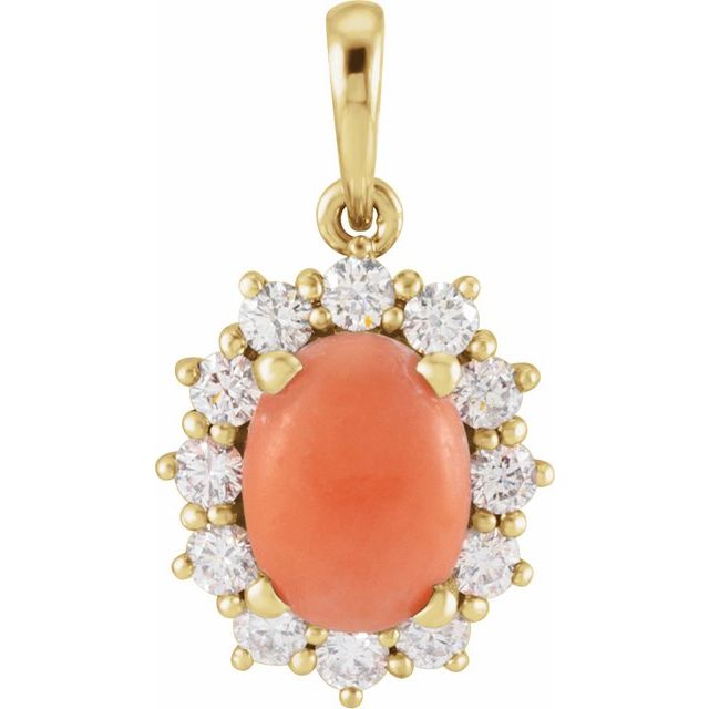 14K Yellow Natural Pink Coral & 1/3 CTW Natural Diamond Halo-Style Pendant
