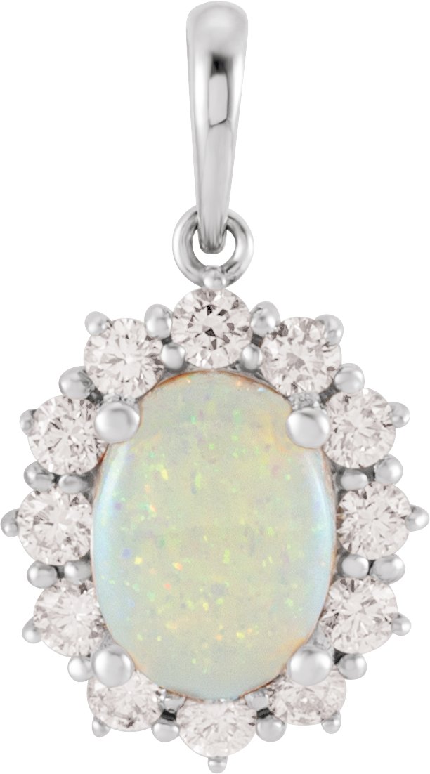 14K White Natural White Opal & 1/3 CTW Natural Diamond Halo-Style Pendant