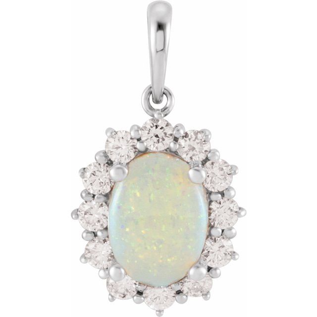 Sterling Silver Natural White Opal & 1/3 CTW Natural Diamond Halo-Style Pendant