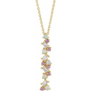 14K Yellow Natural Ethiopian Opals, Natural Pink Sapphires & 1/8 CTW Natural Diamond Scattered Bar 16-18" Necklace 