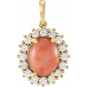 14K Yellow Natural Pink Coral & 1/2 CTW Natural Diamond Halo-Style Pendant